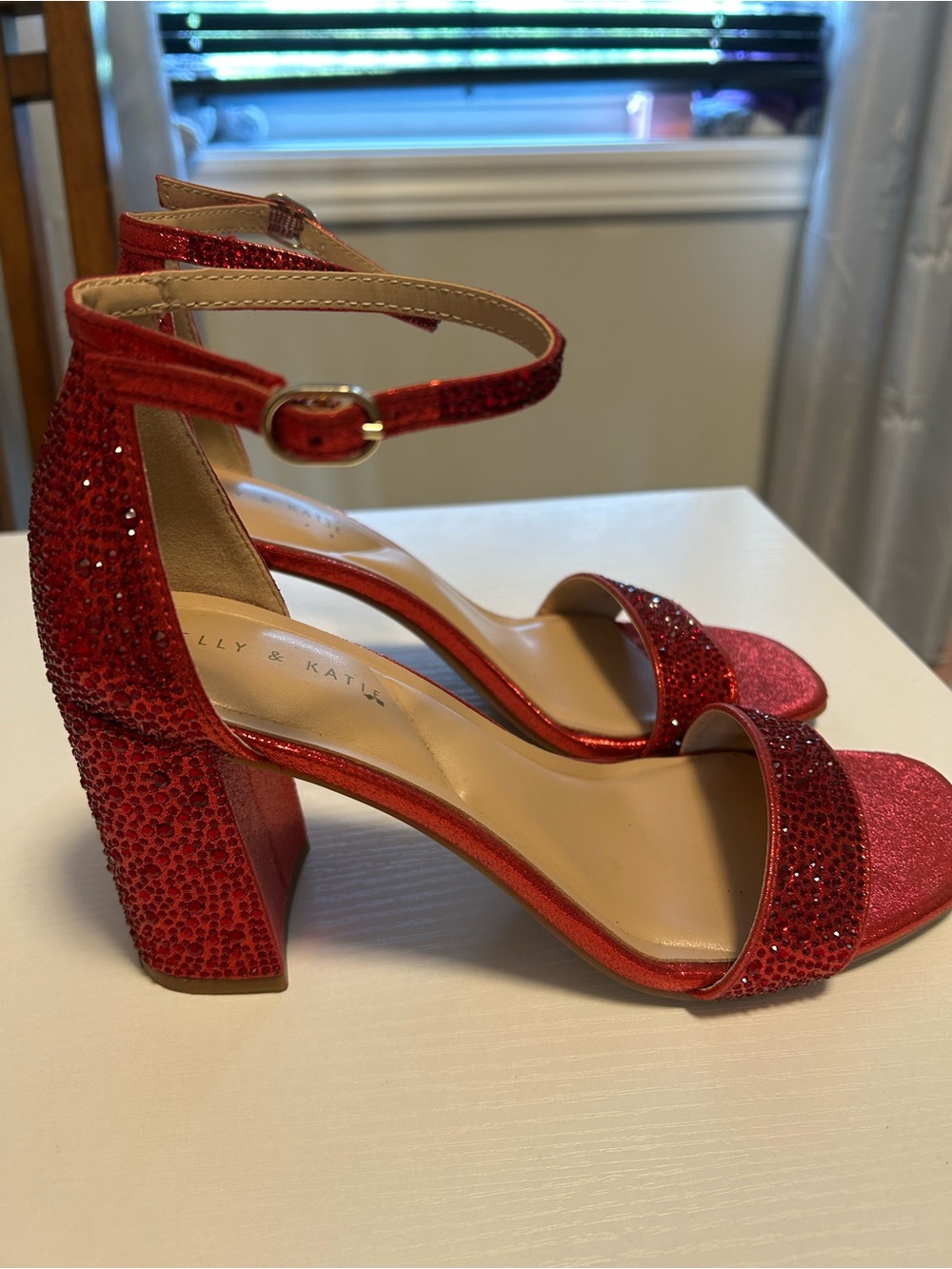 Kelly & Katie Red Glitter Block Heel Sandals with Ankle Strap